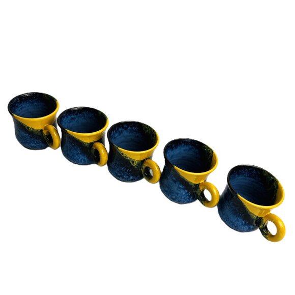 Studio Art Handcrafted Demitasse Cups Red Clay Pottery Blue Yellow Glaze 5 pcs. - Picture 4 of 9